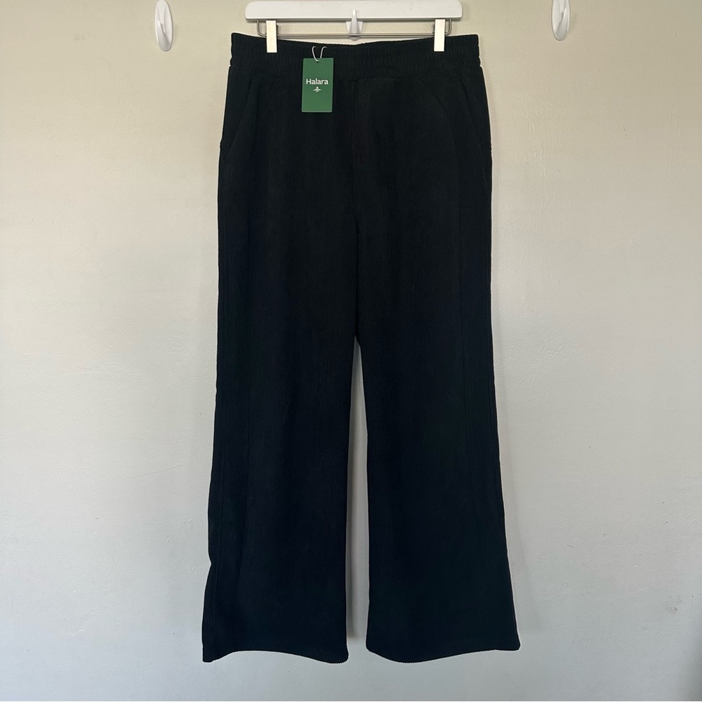 Halara Corduroy Wide Leg Pants Black Ribbed Stretch Size Large NWT